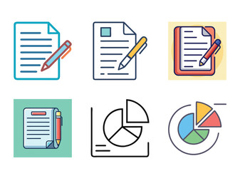 Illustrations of financial reports, documents, pie charts and business analytics tools