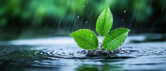 Fresh Green Leaves Sprouting in Raindrops on a Serene Water Surface