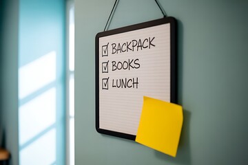 Back to school checklist ready to go with backpack, books, and lunch marked off with a yellow sticky note