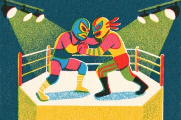 Colorful Illustration of Two Masked Wrestlers Engaged in a Match Inside a Boxing Under Bright Spotlights