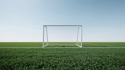 White soccer goal on green field under clear sky white frame green grass