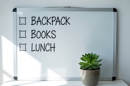 Back to school checklist on whiteboard with succulent plant, perfect for education, organization, and planning needs