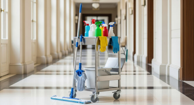 Industrial cleaning equipment such as floor scrubbers and carts neatly arranged in a warehouse setting, ready for use, organized in a trolly - Powered by Adobe