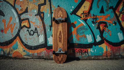 Wooden skateboard against vibrant graffiti wall wood grain urban art