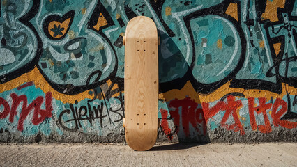 Wooden skateboard leaning against colorful graffiti wall urban