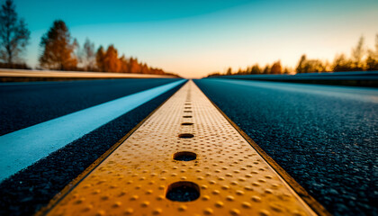 Long Open Road with Yellow Stripe at Sunset