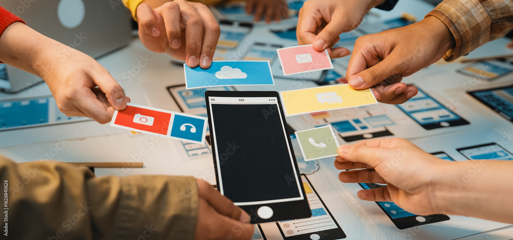 Poster a collaborative scene showcasing hands holding colorful icons representing various applications, arr