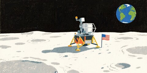 Detailed Illustration of a Lunar Rover Explo the Moon's Surface with a View of Earth in the Sky for Space Exploration Theme