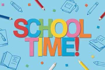 Colorful 'School Time' message with pencils, books, and backpack illustrations against a vibrant blue background