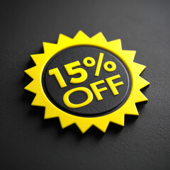 Naklejka premium A fifteen percent off badge with yellow border and black center on a black background surface transparent background