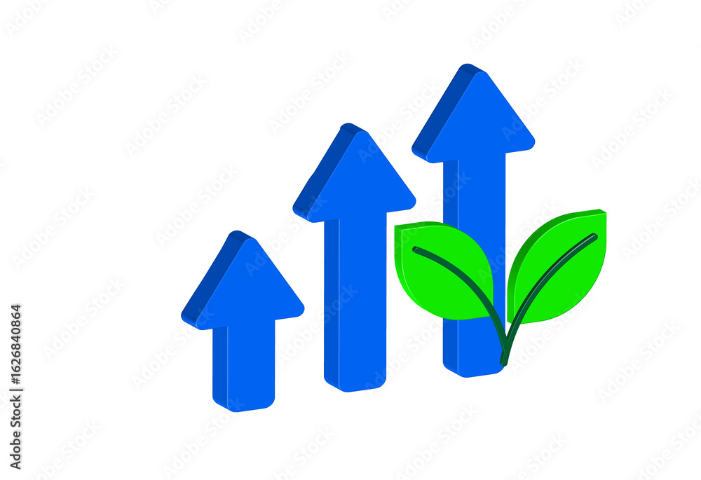 Poster 3d illustration of a simple graph icon made of ascending arrows with a plant. transparent background