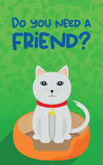 Pet Adoption Poster Illustration - Do You Need a Friend. Cute White Cat on Green Background with Footprints and Bones.