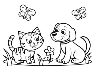 Doodle coloring page. Drawing with smiling dog and cat, flowers and butterflies in hand hand-drawn style. An outline sketch with animals or pets. Linear flat vector illustration isolated