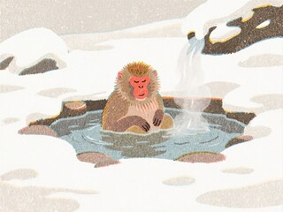 Cute expressive monkey relaxing in steaming hot sp surrounded by snow and ice outdoors du winter season with cloudy sky