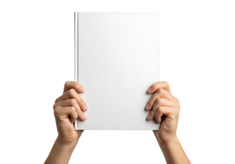 Hands holding a blank white hardcover book cover mockup. Isolated on transparent background, png
