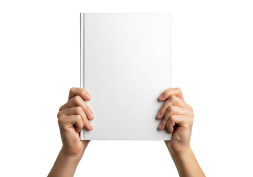 Hands holding a blank white hardcover book cover mockup. Isolated on transparent background, png