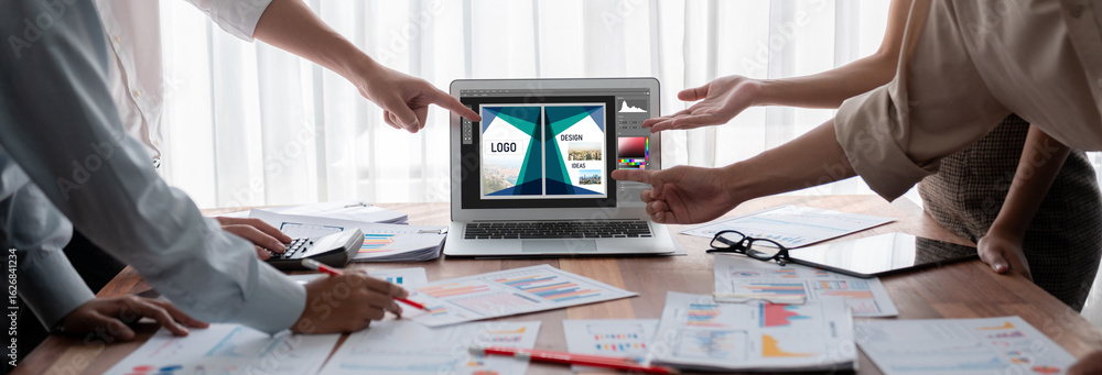 Poster graphic designer software for modern design of web page and commercial brisk ads showing on the comp