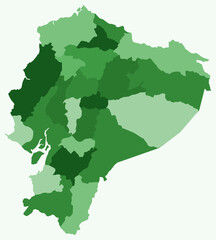 Map of Ecuador with regions. Just a simple country border map with region division. Green color palette. Plain Ecuador shape with administrative division. Vector illustration.
