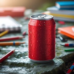 Red soda can with condensation on weathered stone, surrounded by pencils, pens, and notebooks. Warm natural light and shallow depth highlight the can. Perfect for print on demand and design use.