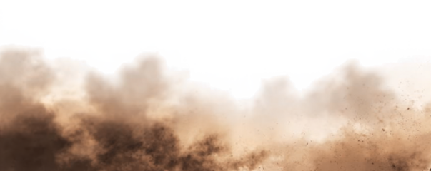 Dust sand soil smoke cloud particles isolated on transparent white background. Brown sandstorm smog sand dust explosion rising. Design elements for Compositing, covering, overlay, PNG