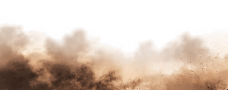 Dust sand soil smoke cloud particles isolated on transparent white background. Brown sandstorm smog sand dust explosion rising. Design elements for Compositing, covering, overlay, PNG