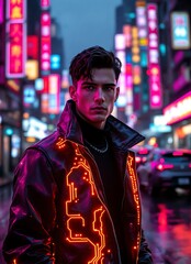 Obraz premium Man in cyberpunk jacket with glowing circuit patterns in neon city male clothing