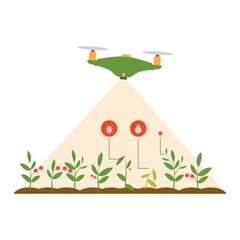 Modern digital smart farm. Quadcopter flying over the field. Drone farmer banner. Flat style line modern vector illustration for agriculture. Vegetables and plants pests.