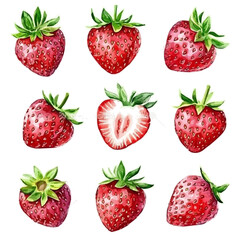 Watercolor illustration of a strawberry set collection, hand-crafted with delicate brush textures, minimal and isolated layout, white background, EPS format.
