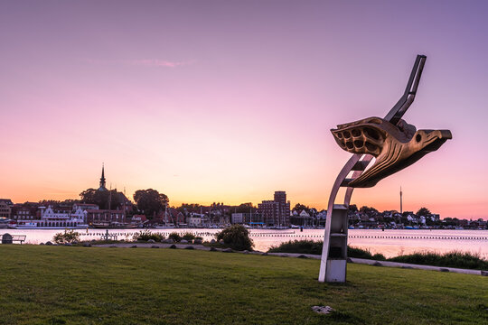 Sculpture Albatros, the figurehead of the sailing training ship Gorch Fock, which stands at the Schlei bridge (Schleibruecke) in Kappeln, Germany.