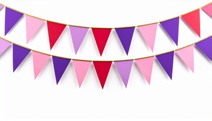 Obraz premium Two rows of colorful triangular pennant flags in red, pink, and purple hanging horizontally—festive, playful, and balanced setup for celebration or decoration.