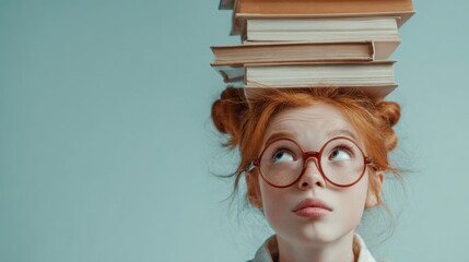 Playful redhead teen balancing books on head.  Playful expression. Ideal for educational content, student life promotions, youth campaigns, book-related marketing, humor pieces, back-to-school.
