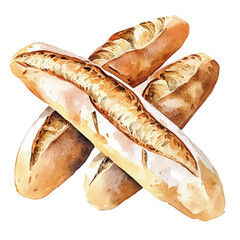 Cute Watercolor illustration of baguette bread, hand-crafted with delicate brush textures, minimal and isolated layout, white background, EPS format. illustration. simple, illustration