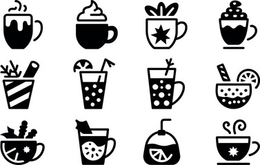 Twelve Bold Black Winter Beverage Icons: Festive Hot Drinks Set
