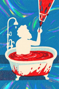 Whical Illustration of a Child Sitting in a Bathtub with Red Water, Holding a Red Marker Pen Amidst Colorful Abstract Background