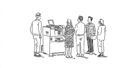 Coworkers standing and waiting in line to use large office printer or copier