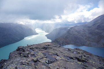 Breathtaking view of the fjord landscape from a mountain summit in Norway