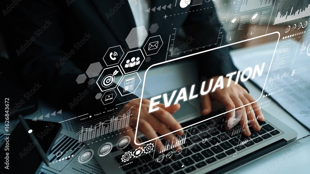 Poster professional evaluation and analysis of data with modern technology on a laptop. asymptotic smart da