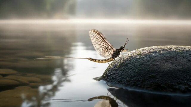 Delicate mayfly rests on mossy stone at sunrise, wings catching golden light over misty serene water, capturing nature's tranquil morning beauty and ephemeral moments.