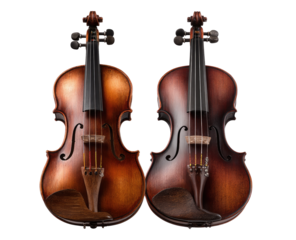 Two violins, side-by-side, showcasing a rich, warm tonewood finish