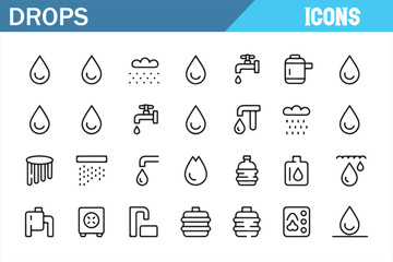 Rain, Water Faucet, and Water Drop Icons Set for Fluid and Water Management