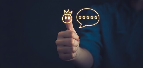 Thumbs Up Approval: A hand gesture gives a thumbs up, complemented by a chat bubble and a gold star icon to convey positive feedback and the concept of customer satisfaction and ratings. 