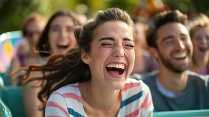 Fototapeta premium A joyful young woman laughs heartily on a roller coaster surrounded by friends, capturing the essence of fun and excitement., outdoor event, festival vibes