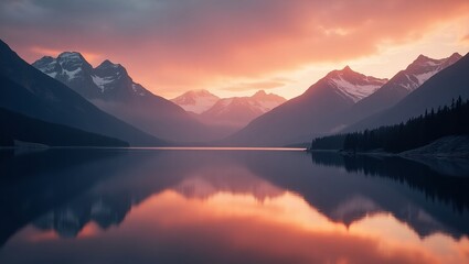 Peaceful alpine lake reflecting pink-orange sunset sky