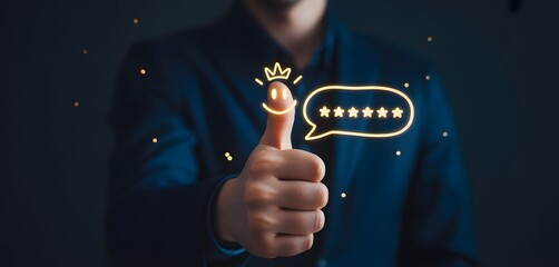 Customer Satisfaction at Its Finest: A businessman in a navy suit gives a thumbs-up with an icon of customer satisfaction, signifying high-quality service and happy customer