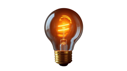 Warm glowing filament inside classic glass light bulb. Transparent PNG for energy, innovation, creativity, or power-themed visuals.  Isolated on transparent background, png.