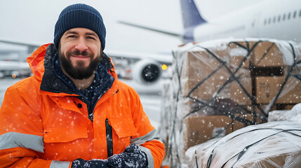 Fototapeta premium Airport worker in winter smiles by stacked cargo boxes as snow falls with airplane in background showing transport in the freight industry