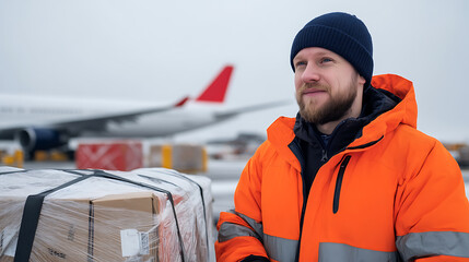 Airport worker with cargo and plane. Wearing a safety jacket and hat, he's ready to move the shipment. Snowy weather and logistics in action.