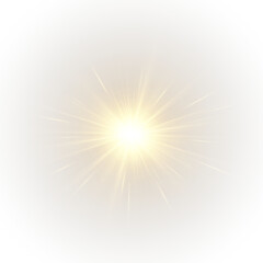 Fototapeta premium Star and sunbeam effects with directional ray and sharp flash on transparent overlay. Bright light burst creates clean linear illumination.