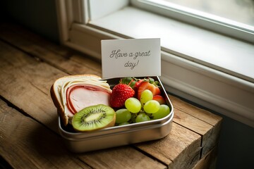 Enjoy a nutritious lunchbox filled with a delicious sandwich and fresh fruits for a bright and happy day full of success and achievement