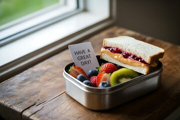 Delicious peanut butter and jelly sandwich with fresh fruit lunchbox ready for a happy day ahead, perfect for back to school promotions